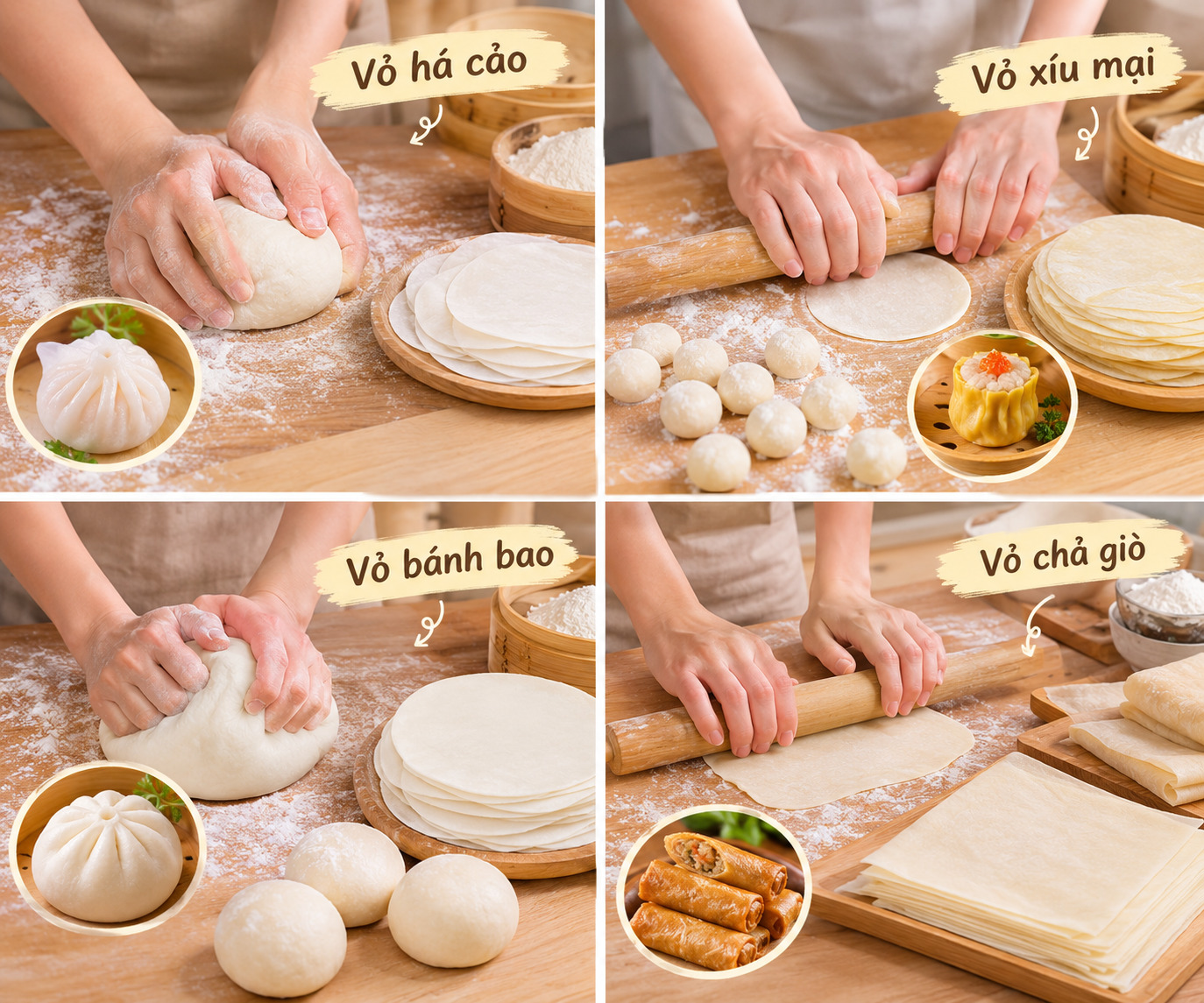 Chuẩn bị nguyên liệu và làm bột bánh Dimsum