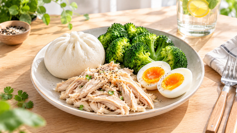 Bữa sáng healthy với bánh bao chay, trứng luộc và rau xanh mang lại nguồn năng lượng trọn vẹn