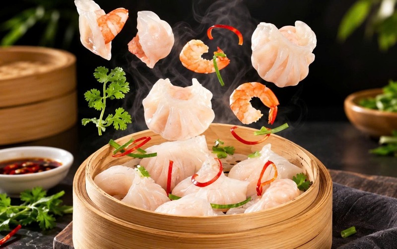 Há cảo tôm - Vỏ mỏng trong suốt, nhân tôm nguyên con giòn ngọt, hấp nhanh phục vụ siêu tốc.