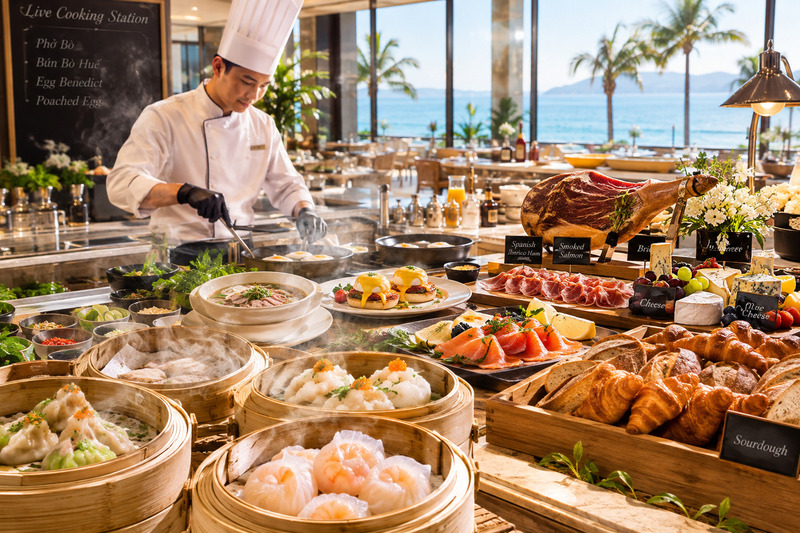 Không gian bếp mở nâng tầm trải nghiệm với các món ăn nóng sốt do đầu bếp thực hiện ngay tại quầy.